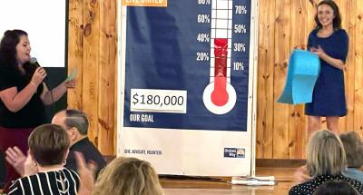 2024 Drive Chair Amanda Selby (left) and President Chade Shorten unveil the where the current drive stands at the United Way of Northeast Missouri 2024 Campaign Kickoff & Cork Pull. 